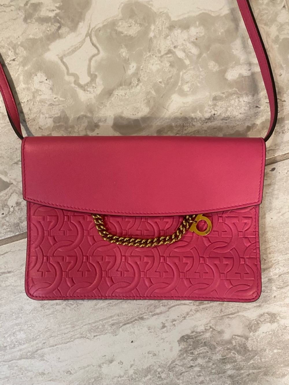 Salvatore Ferragamo pristine Pink Embossed Leather Crossbody with Gold Chain